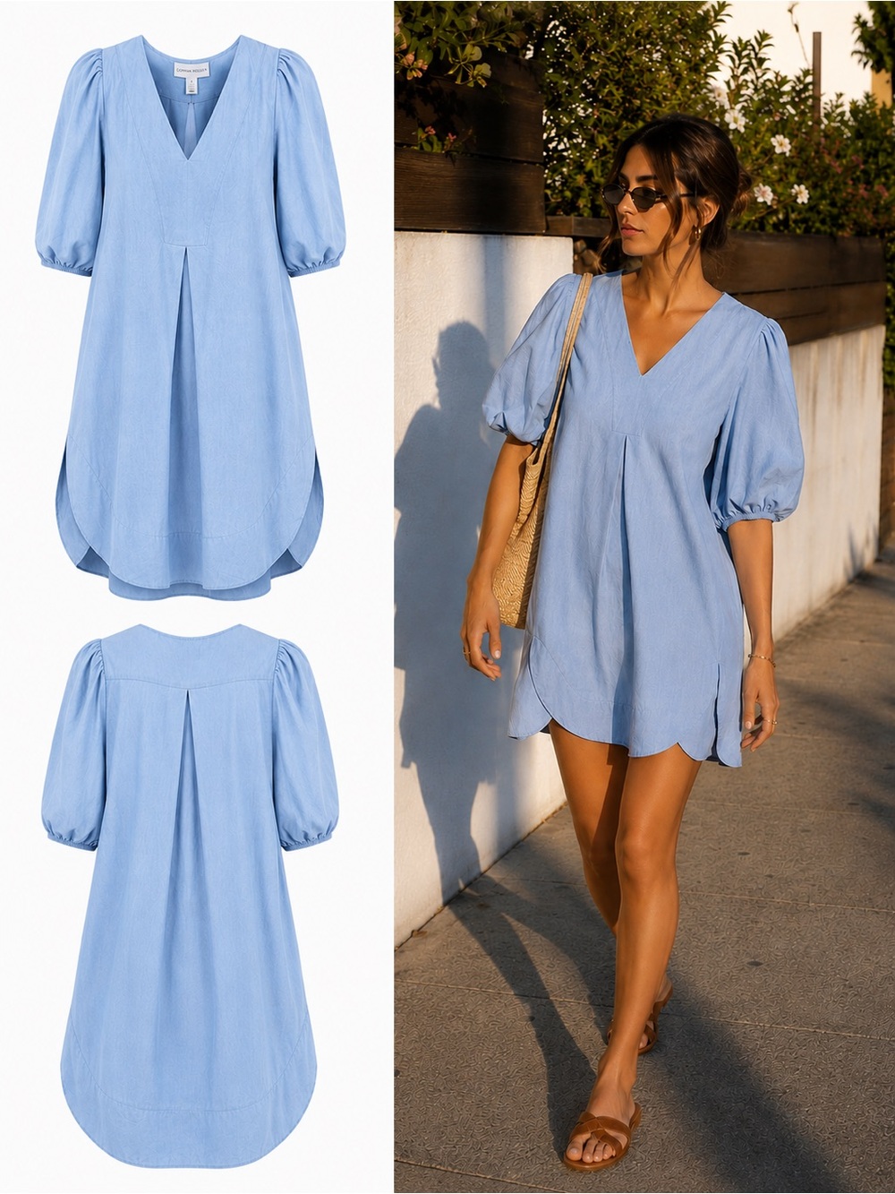 Cynthia Rowley Blue Linen Blend Puff Sleeve Mini Dress XS Coastal Quiet Luxury